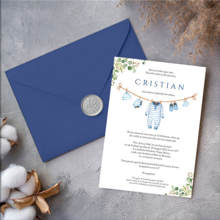 Invitație botez cu plic și sigiliu de ceară, MiniMini, "Baby Boy"