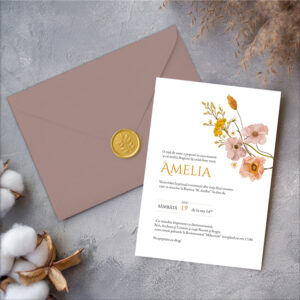 Invitație botez cu plic și sigiliu de ceară, MiniMini, "Flowers"