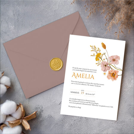 Invitație botez cu plic și sigiliu de ceară, MiniMini, "Flowers"