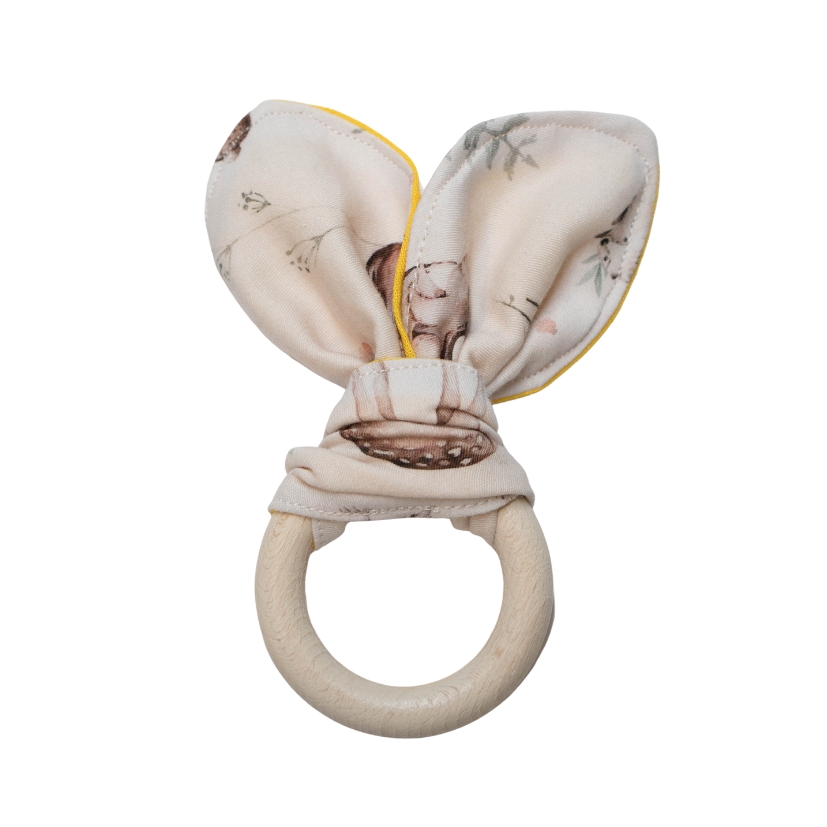 Inel dentiție din lemn și bumbac organic "Animale"