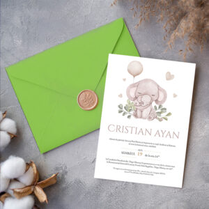 Invitație botez cu plic și sigiliu de ceară, MiniMini, "Elefant"