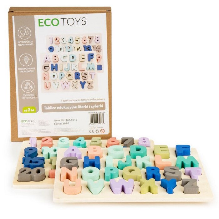 Tablă educațională din lemn cu cifre și litere - 51 de elemente Ecotoys MA4512