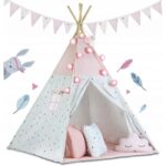 Cort de joacă pentru copii cu ghirlandă și lumini Ricokids 120 x 120 x 165 cm - Roz