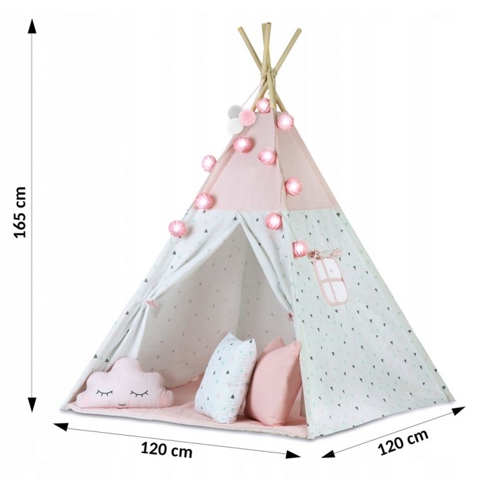 Cort de joacă pentru copii cu ghirlandă și lumini Ricokids 120 x 120 x 165 cm - Roz - Image 6