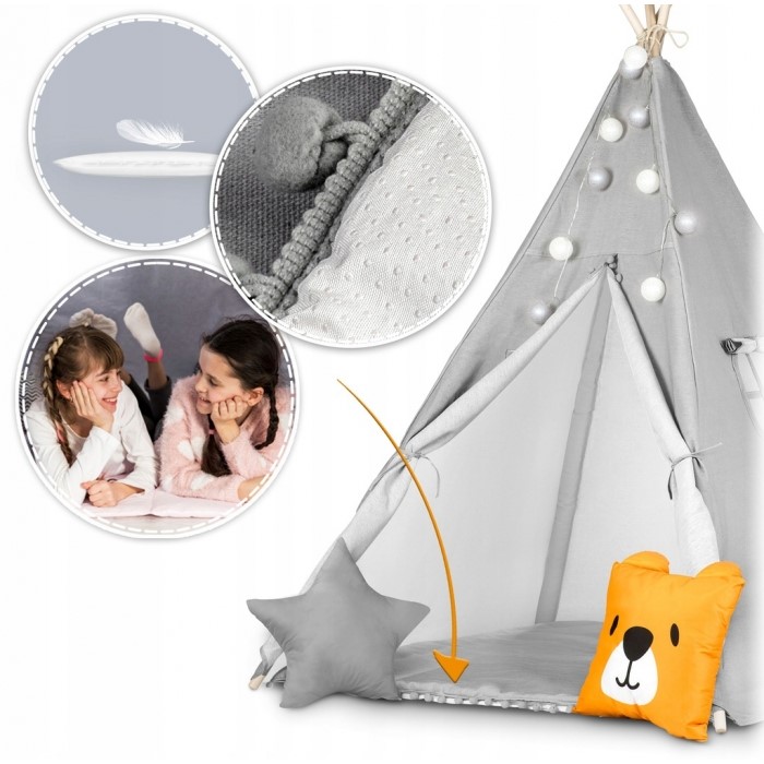 Cort de joacă pentru copii cu ghirlandă și lumini Ricokids 120 X 120 X 165 Cm - Gri - Image 3