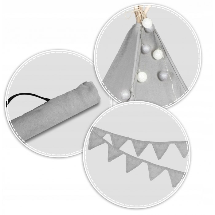 Cort de joacă pentru copii cu ghirlandă și lumini Ricokids 120 X 120 X 165 Cm - Gri - Image 4