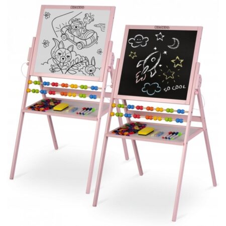 Tabla 2 în 1 pentru copii cu cretă sau marker/magnetică, abac, set de cretă colorată și markere, burete, cifre și litere magnetice, Ricokids 780002, Roz