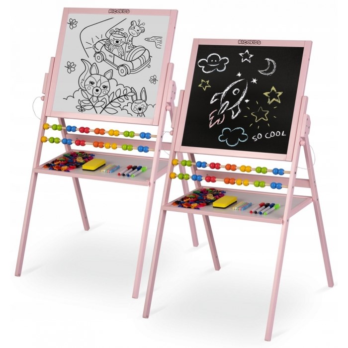 Tabla 2 în 1 pentru copii cu cretă sau marker/magnetică, abac, set de cretă colorată și markere, burete, cifre și litere magnetice, Ricokids 780002, Roz