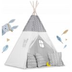 Cort de joacă pentru copii cu ghirlandă, 3 pernițe și lampă LED lună, Ricokids 740400, 120 X 120 X 165 cm - Gri