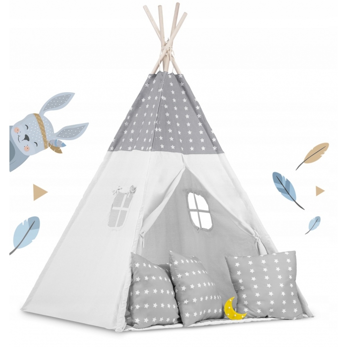 Cort de joacă pentru copii cu ghirlandă, 3 pernițe și lampă LED luna, Ricokids 740400, 120 X 120 X 165 cm - Gri