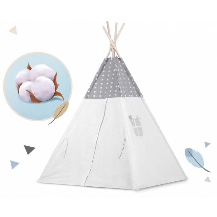 Cort de joacă pentru copii cu ghirlandă, 3 pernițe și lampă LED lună, Ricokids 740400, 120 X 120 X 165 cm - Gri - Image 2