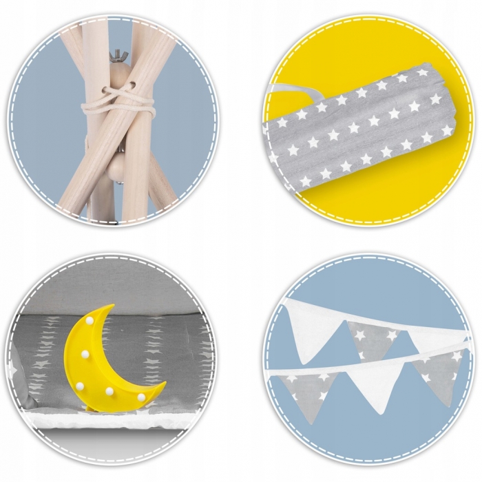 Cort de joacă pentru copii cu ghirlandă, 3 pernițe și lampă LED lună, Ricokids 740400, 120 X 120 X 165 cm - Gri - Image 4