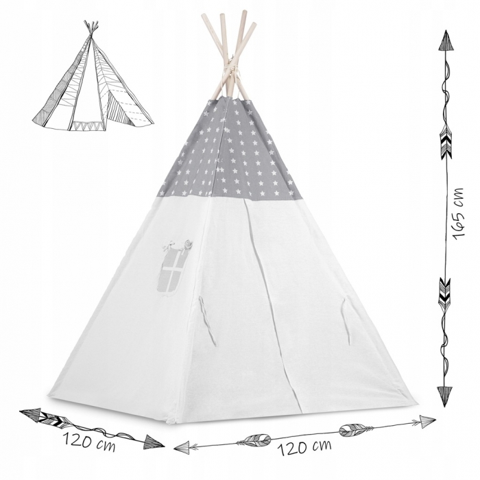 Cort de joacă pentru copii cu ghirlandă, 3 pernițe și lampă LED lună, Ricokids 740400, 120 X 120 X 165 cm - Gri - Image 6