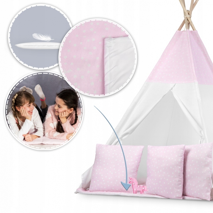 Cort de joacă pentru copii cu ghirlandă, 3 pernițe și lampă LED unicorn, Ricokids 740403, 120 X 120 X 165 cm - Roz - Image 2