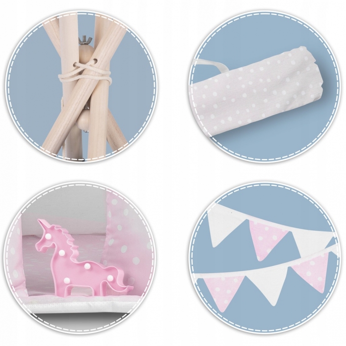 Cort de joacă pentru copii cu ghirlandă, 3 pernițe și lampă LED unicorn, Ricokids 740403, 120 X 120 X 165 cm - Roz - Image 3