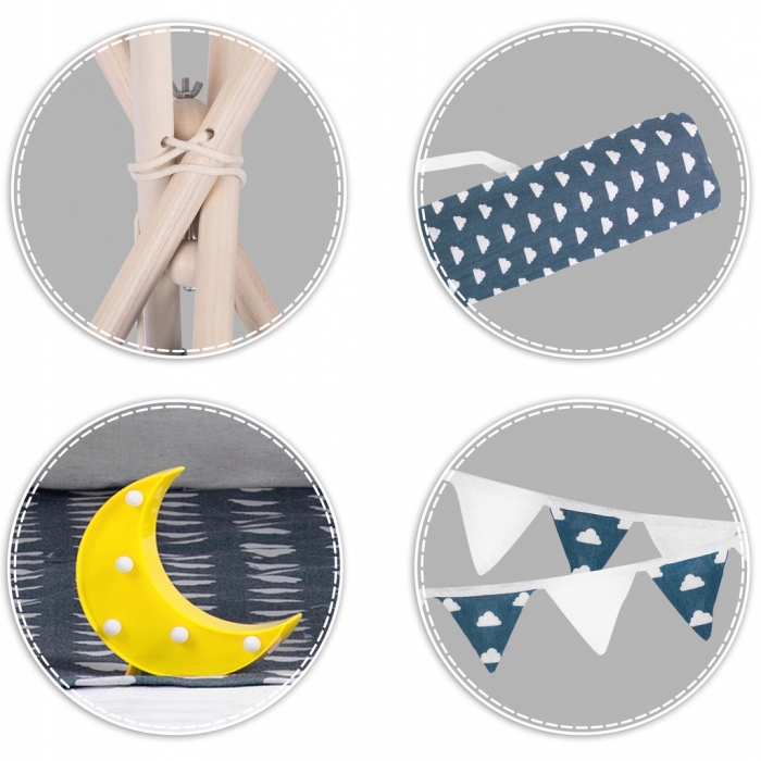 Cort de joacă pentru copii cu ghirlandă, 3 pernițe și lampă LED luna, Ricokids 740404, 120 X 120 X 165 cm - Bleumarin - Image 4