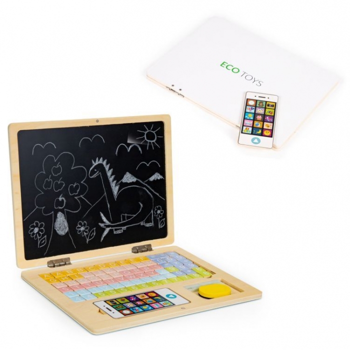 Laptop educațional din lemn cu magnet și taste din lemn Ecotoys G068 - Alb - Image 2