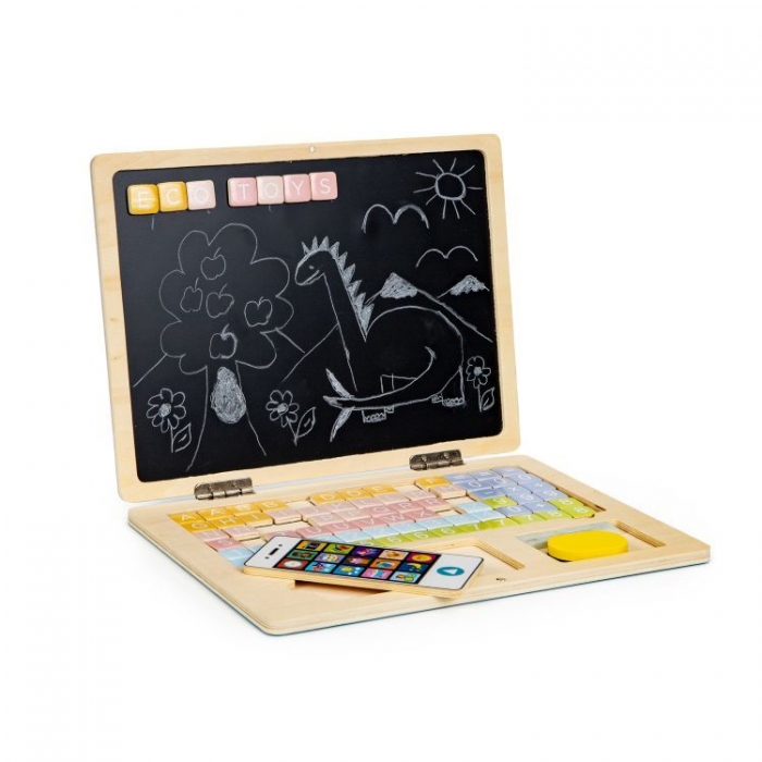 Laptop educațional din lemn cu magnet și taste din lemn Ecotoys G068 - Alb - Image 3