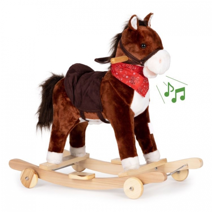 Căluț balansoar cu roți, sunete și coadă în mișcare Ecotoys XL-106W - Maro - Image 2