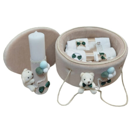 Trusou Botez cu Lumânare - Ursuleț Beige Verde