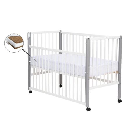 Pătuț din lemn bebe cu laterală culisantă, 120x60 cm, înălțime saltea reglabilă pe 3 nivele, cu 3 bețe detașabile, Qmini, Maya, Alb