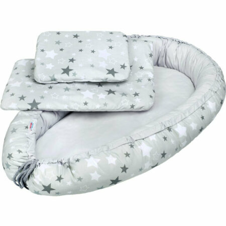 Set baby nest 3 piese, cu păturică și pernă, New Baby, White/Grey stars