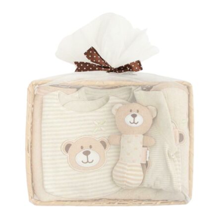 Set cadou 5 piese 0-3 Luni, Bumbac organic, salopetă, bavetă, păturică cu glugă, jucărie, New Baby, Beige 2