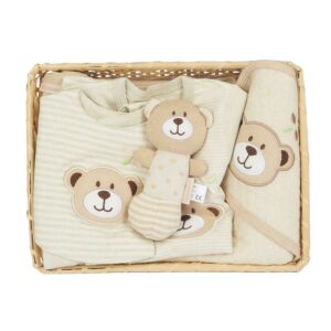 Set cadou 5 piese 0-3 Luni, Bumbac organic, salopetă, bavetă, păturică cu glugă, jucărie, New Baby, Beige