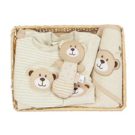 Set cadou 5 piese 0-3 Luni, Bumbac organic, salopetă, bavetă, păturică cu glugă, jucărie, New Baby, Beige