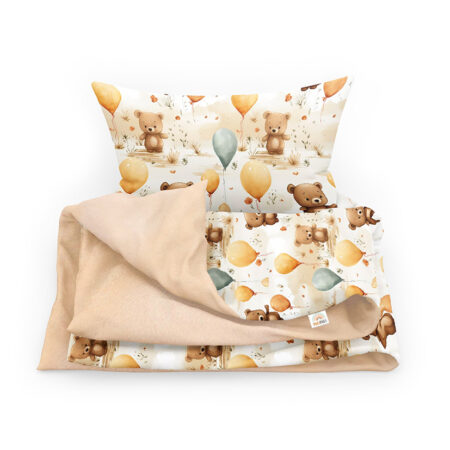 Set lenjerie de pat single din bumbac, Ursuleți cu baloane, 100x135 cm