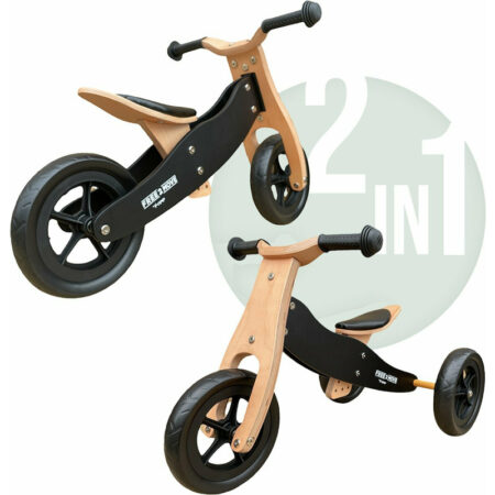 Bicicletă 2 în 1 din lemn, fără pedale, transformabilă în tricicletă fără pedale, Free2Move, Brown Black