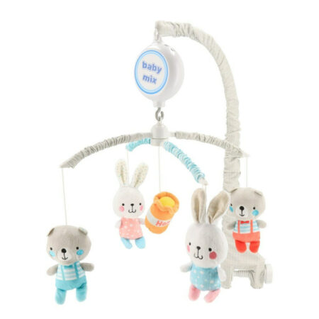 Carusel muzical pentru pătuț cu 5 jucării de pluș, BabyMix, Bears and rabbits