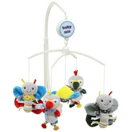 Carusel muzical pentru pătuț cu 5 jucării de pluș, BabyMix, Toucan and Butterfly