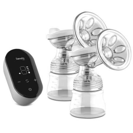 Pompă de sân dublă, electrică, 2 recipiente 150ml și 2 pungi incluse, cu 9 nivele de aspirație, 5 moduri de masaj, Afisaj LED, Husă, Lionelo, Alb/Gri