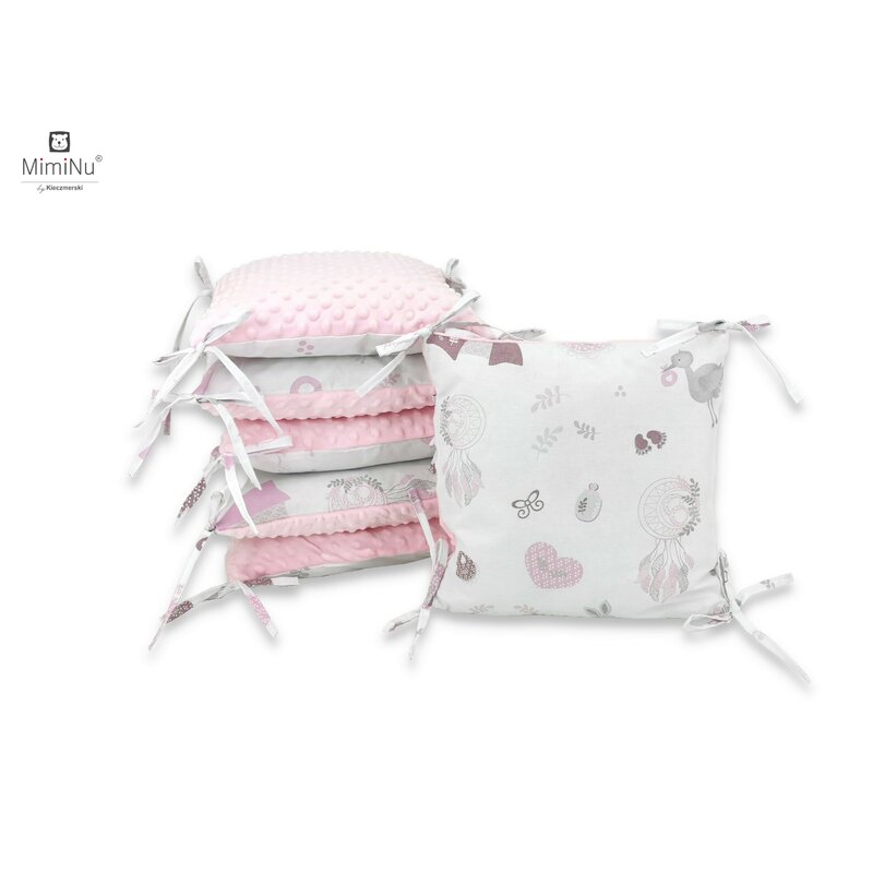 Apărătoare cu 6 pernuțe pentru pătuț 120 x 60 cm, Fermoar și husă lavabilă, Minky și bumbac, MimiNu, Baby Shower Pink