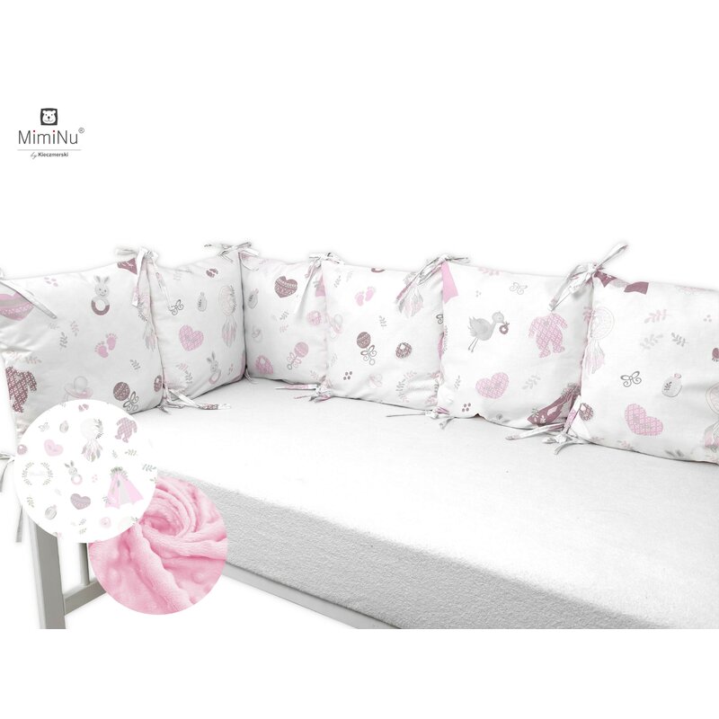 Apărătoare cu 6 pernuțe pentru pătuț 120 x 60 cm, Fermoar și husă lavabilă, Minky și bumbac, MimiNu, Baby Shower Pink - Image 3