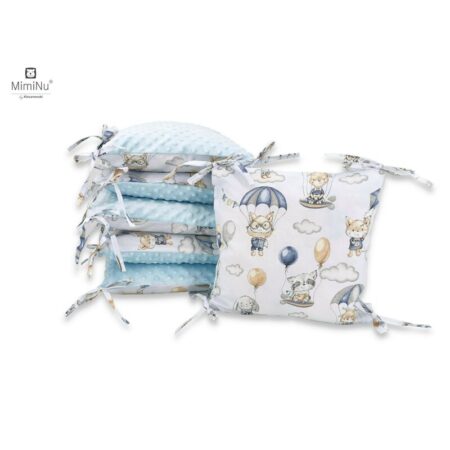 Apărătoare cu 6 pernuțe pentru pătuț 120 x 60 cm, Fermoar și husă lavabilă, Minky și bumbac, MimiNu, Parachutes Blue