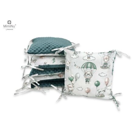 Apărătoare cu 6 pernuțe pentru pătuț 120 x 60 cm, Fermoar și husă lavabilă, Minky și bumbac, MimiNu, Parachutes Olive