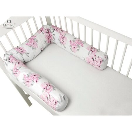 Apărătoare pentru pătuț tip rulou, Bumbac, MimiNu, Peonie Roz