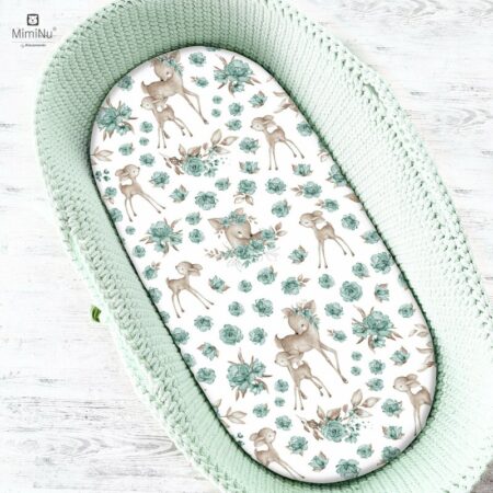Cearceaf cu elastic, MimiNu, pentru landou, cărucior și coșulet, 80x35 cm, Sweet Deer Mentă