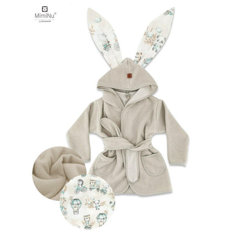 Halat de baie, 6 - 24 luni, Bumbac și thermo fleece, MimiNu, Zoo on Bikes Nugat