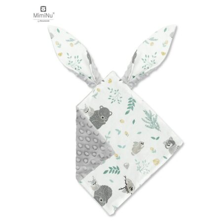 Jucărie textilă senzorială cu 2 fețe, 30 x 30 cm, Minky și bumbac, Minky Forest friends Grey/Mint