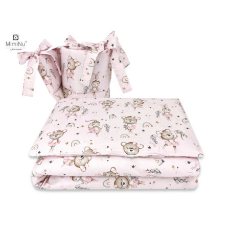 Lenjerie pătuț cu 3 piese pentru pat 120x60 cm, cu protecție laterală, MimiNu, Little Ballerina Pink