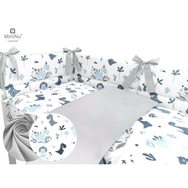 Lenjerie pătuț cu 3 piese pentru pat 120x60 cm, cu protecție laterală, MimiNu, Dino Granat - Image 3