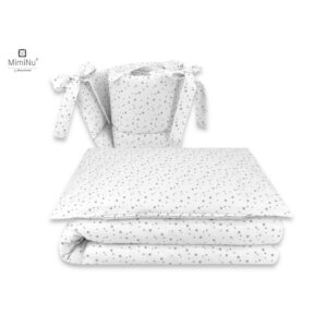 Lenjerie pătuț cu 3 piese pentru pat 120x60 cm, cu protecție laterală, MimiNu, Mini Gray Stars