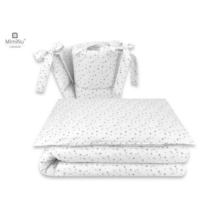 Lenjerie pătuț cu 3 piese pentru pat 120x60 cm, cu protecție laterală, MimiNu, Mini Gray Stars