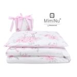 Lenjerie pătuț cu 3 piese pentru pat 120x60 cm, cu protecție laterală, MimiNu, Peonie Pink