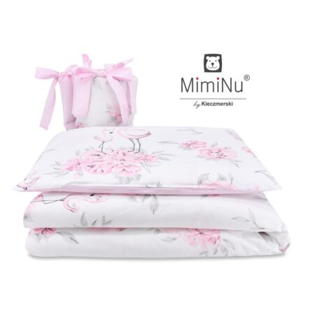 Lenjerie pătuț cu 3 piese pentru pat 120x60 cm, cu protecție laterală, MimiNu, Peonie Pink