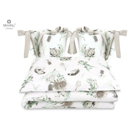Lenjerie de pat 4 piese pentru pat 120x60 cm, cu două protecții laterale, Bumbac, MimiNu, Australian Animals Beige
