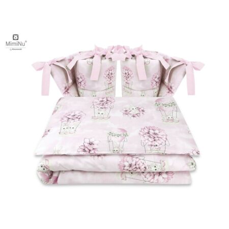 Lenjerie de pat 4 piese pentru pat 120x60 cm, cu două protecții laterale, Bumbac, MimiNu, Awesome Bunnies